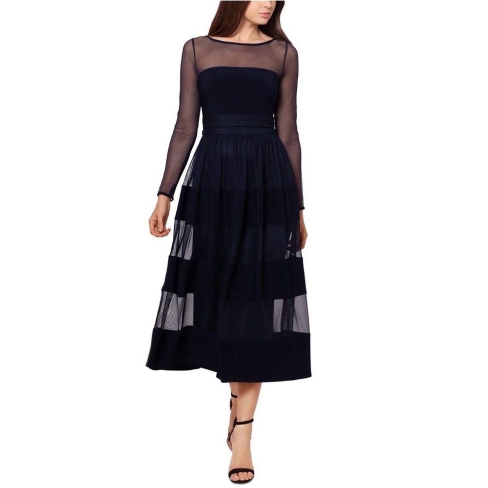BETSY & ADAM Women's Navy Bailey Illusion Trim Long-Sleeve Fit & Flare NWT